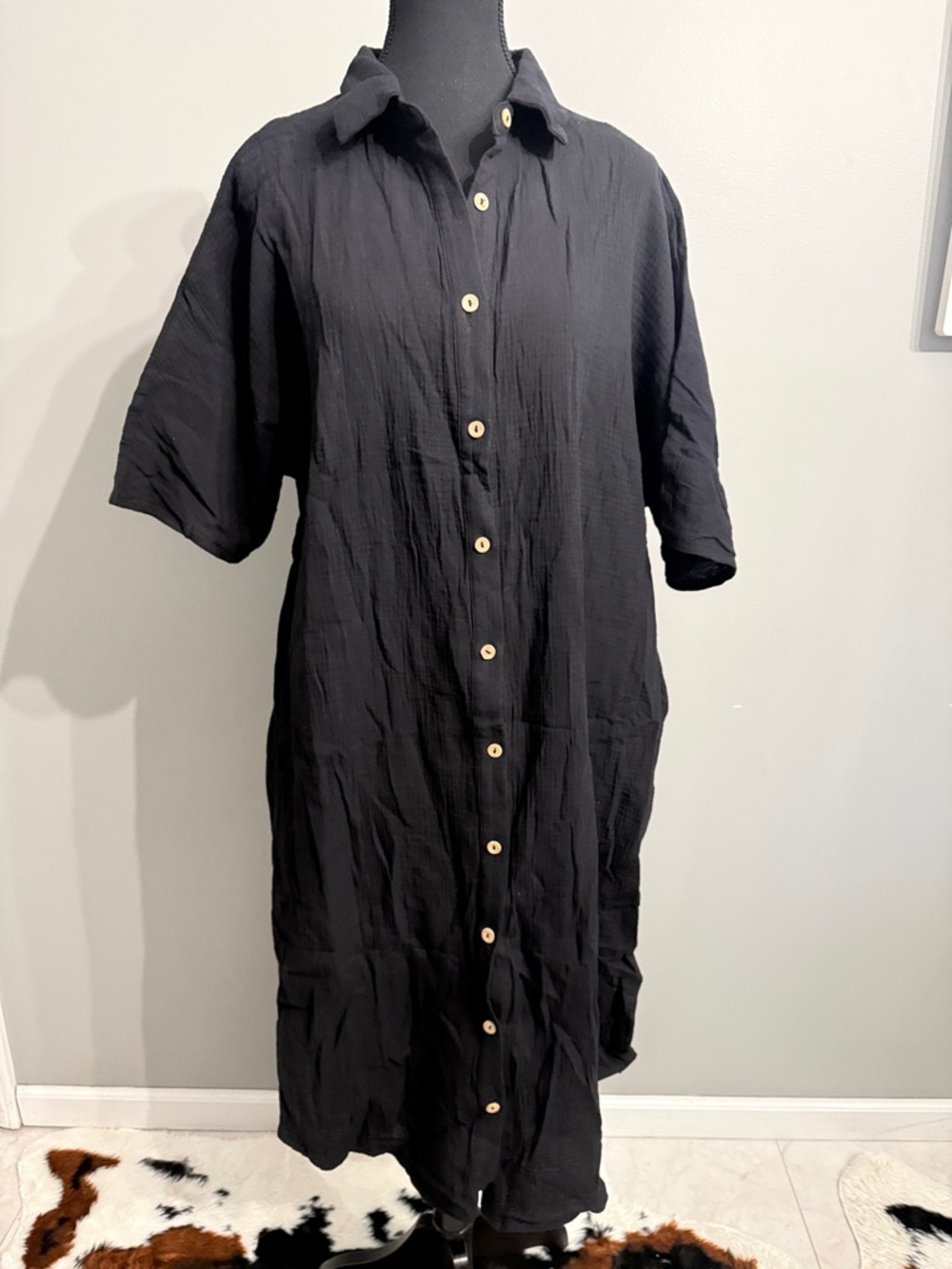 Classic Black Button-Front Midi Shirt Dress